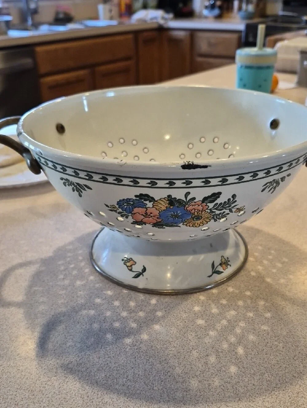 Vintage Floral Enamel Colander with Handles
